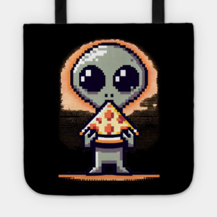 Funny Alien Eating Pizza, Cute Pixel Style Tote