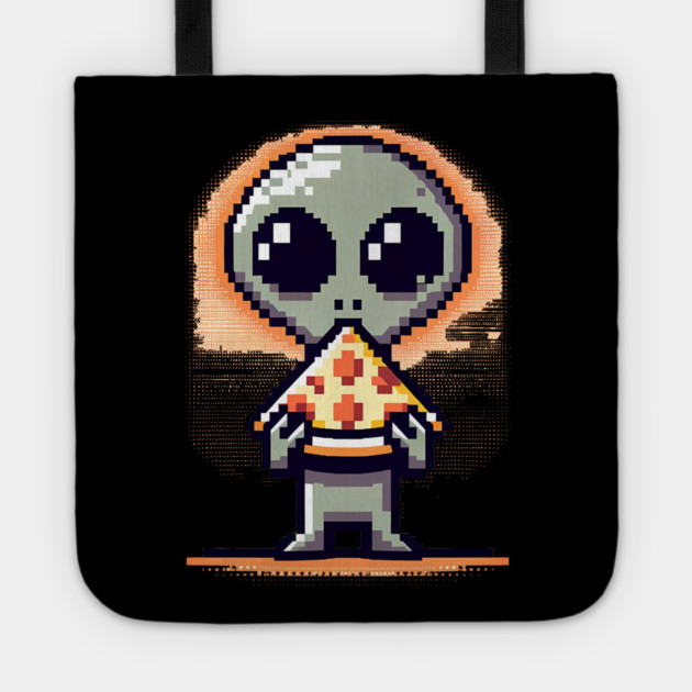 Funny Alien Eating Pizza, Cute Pixel Style Tote by logiamerch