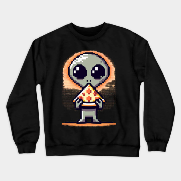Funny Alien Eating Pizza, Cute Pixel Style Crewneck Sweatshirt by logiamerch