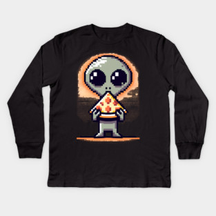 Funny Alien Eating Pizza, Cute Pixel Style Kids Long Sleeve T-Shirt