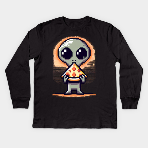 Funny Alien Eating Pizza, Cute Pixel Style Kids Long Sleeve T-Shirt by logiamerch