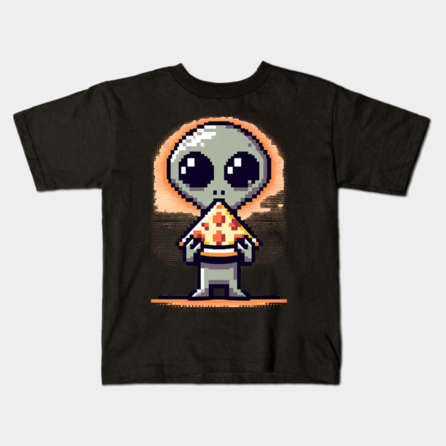 Funny Alien Eating Pizza, Cute Pixel Style Kids T-Shirt by logiamerch