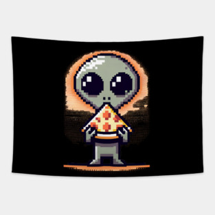 Funny Alien Eating Pizza, Cute Pixel Style Tapestry