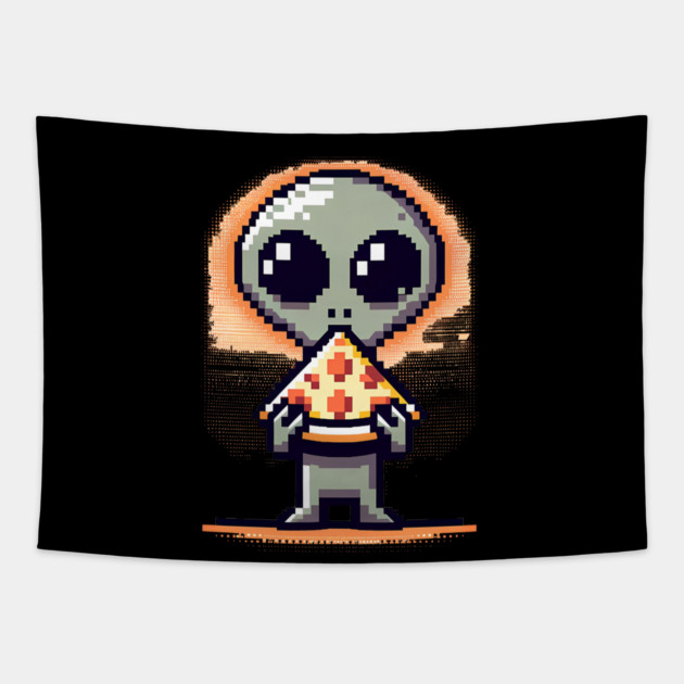 Funny Alien Eating Pizza, Cute Pixel Style Tapestry by logiamerch