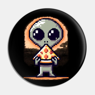 Funny Alien Eating Pizza, Cute Pixel Style Pin