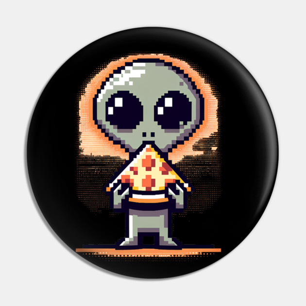 Funny Alien Eating Pizza, Cute Pixel Style Pin by logiamerch