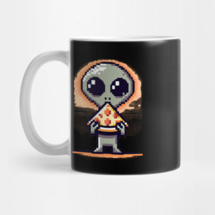 Funny Alien Eating Pizza, Cute Pixel Style Mug