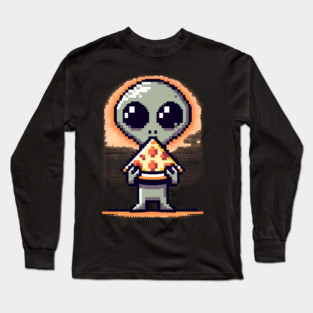 Funny Alien Eating Pizza, Cute Pixel Style Long Sleeve T-Shirt