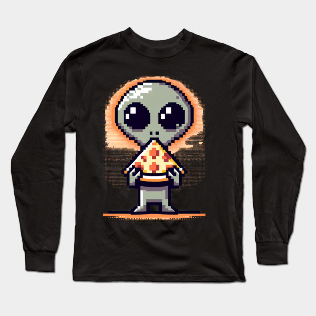 Funny Alien Eating Pizza, Cute Pixel Style Long Sleeve T-Shirt by logiamerch