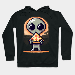 Funny Alien Eating Pizza, Cute Pixel Style Hoodie