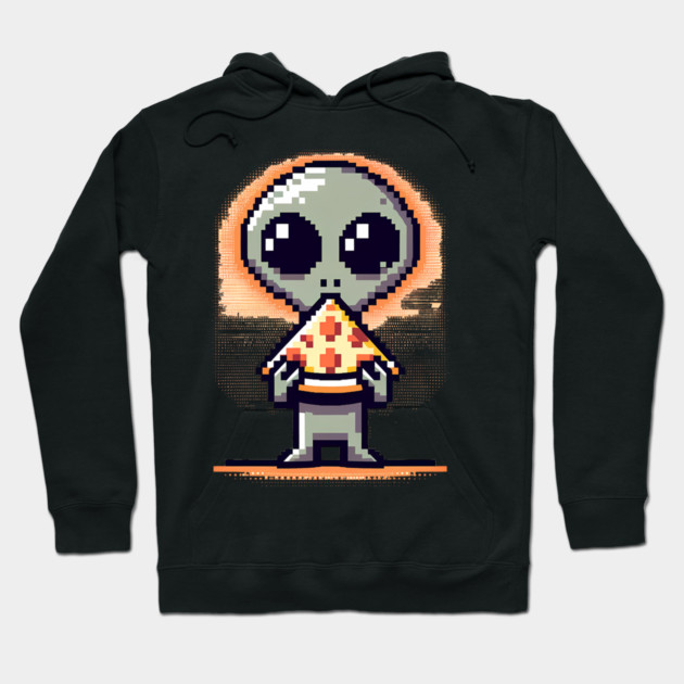 Funny Alien Eating Pizza, Cute Pixel Style Hoodie by logiamerch