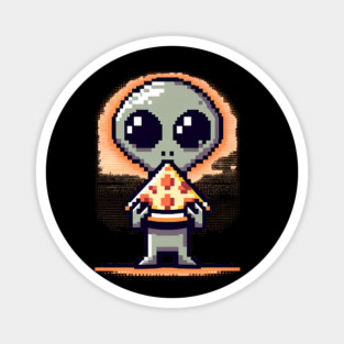 Funny Alien Eating Pizza, Cute Pixel Style Magnet