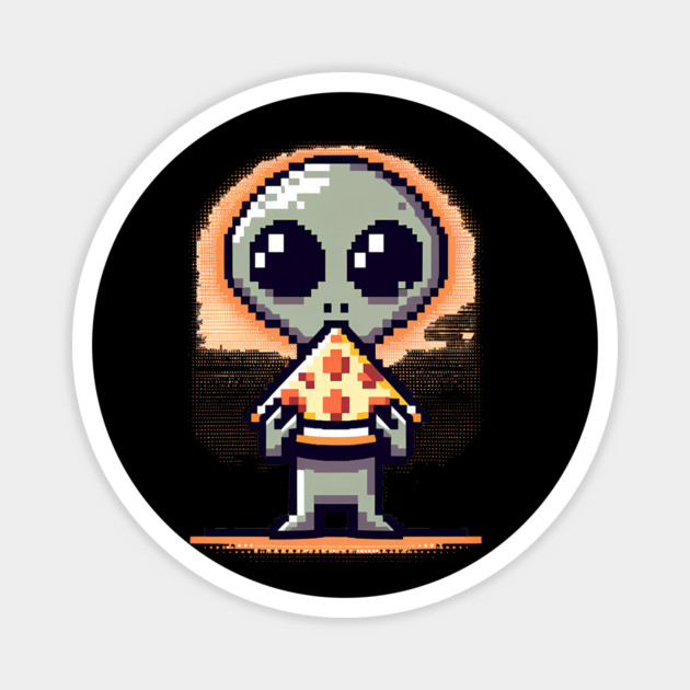 Funny Alien Eating Pizza, Cute Pixel Style Magnet by logiamerch
