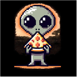 Funny Alien Eating Pizza, Cute Pixel Style Posters and Art