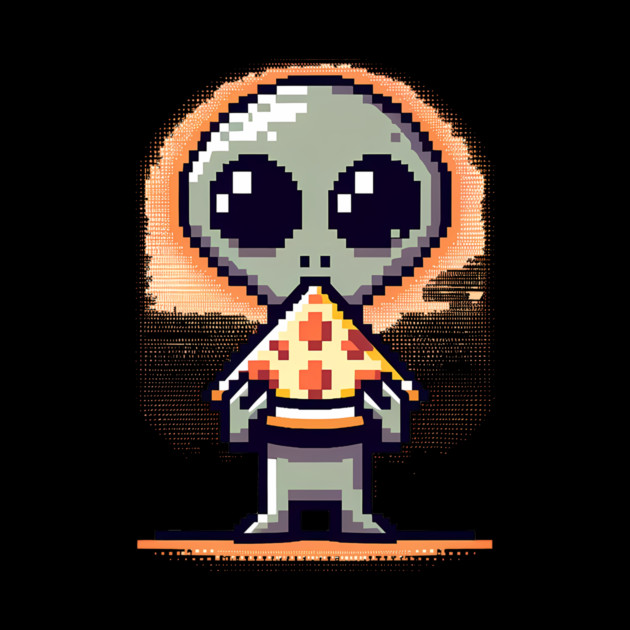 Funny Alien Eating Pizza, Cute Pixel Style by logiamerch