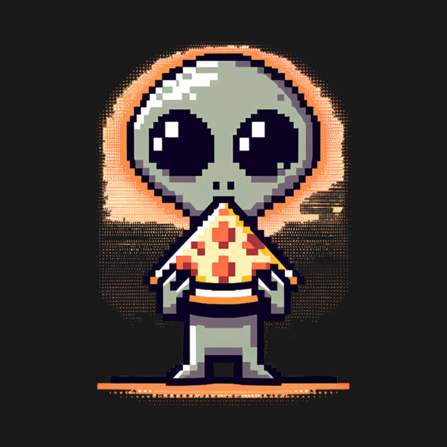 Funny Alien Eating Pizza, Cute Pixel Style by logiamerch