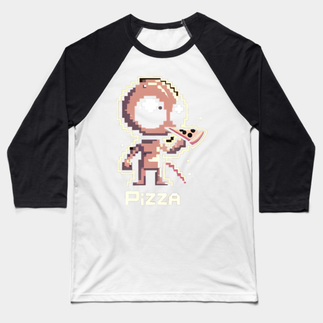 Funny Alien Eating Pizza, Cute Pixel Style Baseball T-Shirt by logiamerch