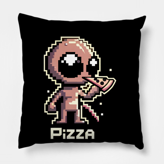 Funny Alien Eating Pizza, Cute Pixel Style Pillow by logiamerch