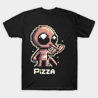 Funny Alien Eating Pizza, Cute Pixel Style T-Shirt