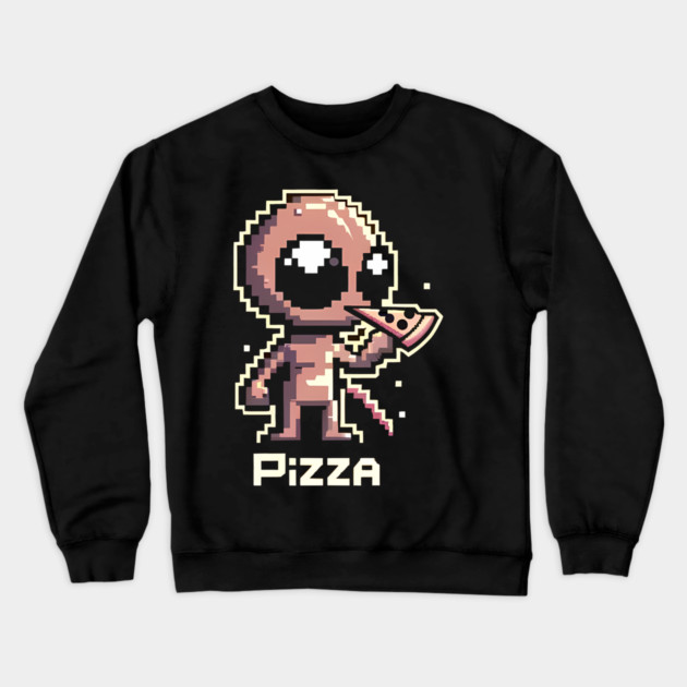 Funny Alien Eating Pizza, Cute Pixel Style Crewneck Sweatshirt by logiamerch