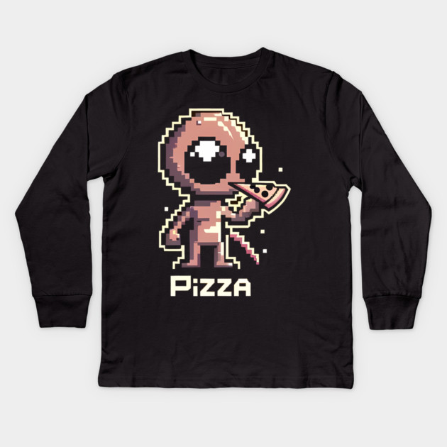 Funny Alien Eating Pizza, Cute Pixel Style Kids Long Sleeve T-Shirt by logiamerch