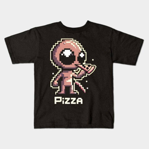 Funny Alien Eating Pizza, Cute Pixel Style Kids T-Shirt by logiamerch