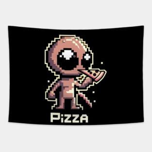 Funny Alien Eating Pizza, Cute Pixel Style Tapestry