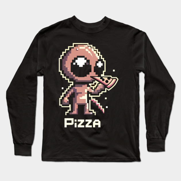 Funny Alien Eating Pizza, Cute Pixel Style Long Sleeve T-Shirt by logiamerch