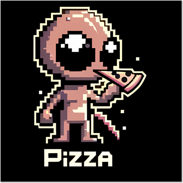 Funny Alien Eating Pizza, Cute Pixel Style Wall Art by logiamerch