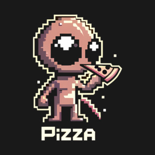 Funny Alien Eating Pizza, Cute Pixel Style T-Shirt