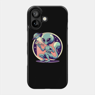 Funny Alien Eating Pizza with UFO, Retro Style Phone Case