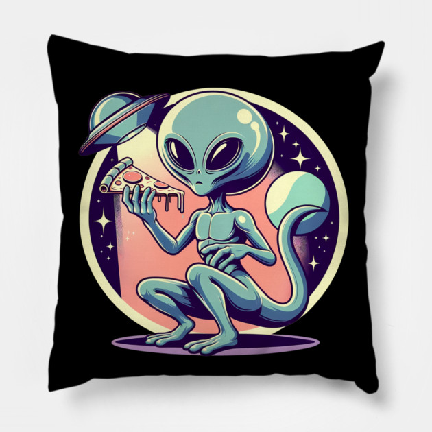 Funny Alien Eating Pizza with UFO, Retro Style Pillow by logiamerch