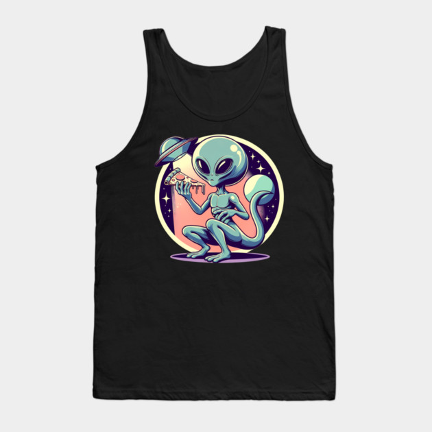 Funny Alien Eating Pizza with UFO, Retro Style Tank Top by logiamerch