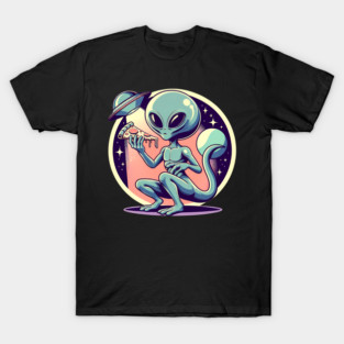 Funny Alien Eating Pizza with UFO, Retro Style T-Shirt