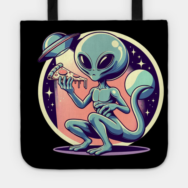Funny Alien Eating Pizza with UFO, Retro Style Tote by logiamerch