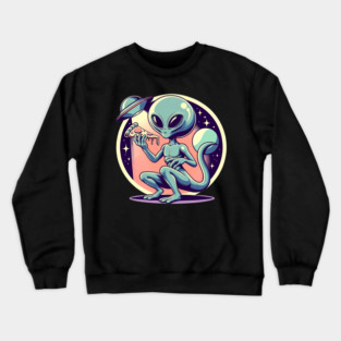 Funny Alien Eating Pizza with UFO, Retro Style Crewneck Sweatshirt