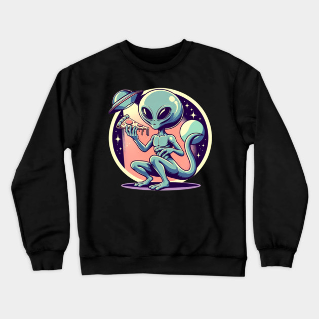 Funny Alien Eating Pizza with UFO, Retro Style Crewneck Sweatshirt by logiamerch