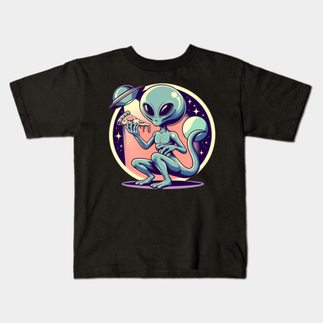 Funny Alien Eating Pizza with UFO, Retro Style Kids T-Shirt by logiamerch