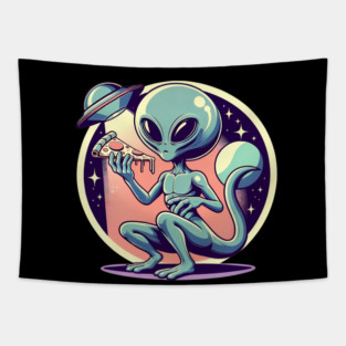 Funny Alien Eating Pizza with UFO, Retro Style Tapestry