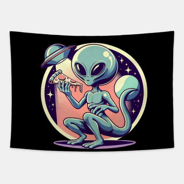 Funny Alien Eating Pizza with UFO, Retro Style Tapestry by logiamerch