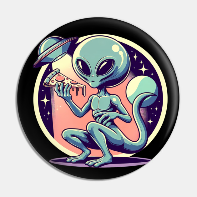 Funny Alien Eating Pizza with UFO, Retro Style Pin by logiamerch