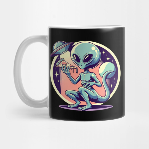 Funny Alien Eating Pizza with UFO, Retro Style by logiamerch