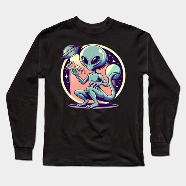 Funny Alien Eating Pizza with UFO, Retro Style Long Sleeve T-Shirt by logiamerch