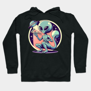 Funny Alien Eating Pizza with UFO, Retro Style Hoodie
