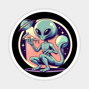 Funny Alien Eating Pizza with UFO, Retro Style Magnet