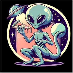 Funny Alien Eating Pizza with UFO, Retro Style Posters and Art