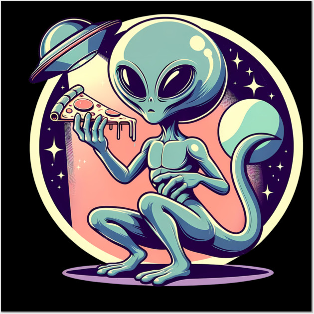 Funny Alien Eating Pizza with UFO, Retro Style Wall Art by logiamerch