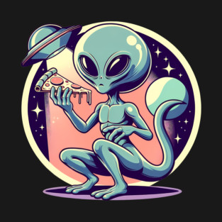 Funny Alien Eating Pizza with UFO, Retro Style T-Shirt