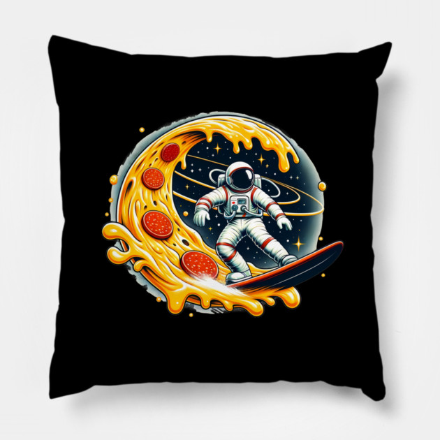 Funny Pizza Lover, Astronaut Surfing in Space Pillow by logiamerch