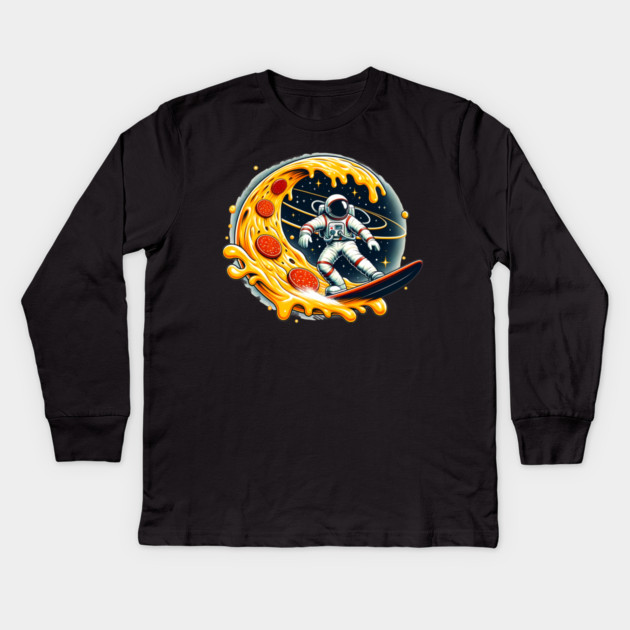 Funny Pizza Lover, Astronaut Surfing in Space Kids Long Sleeve T-Shirt by logiamerch